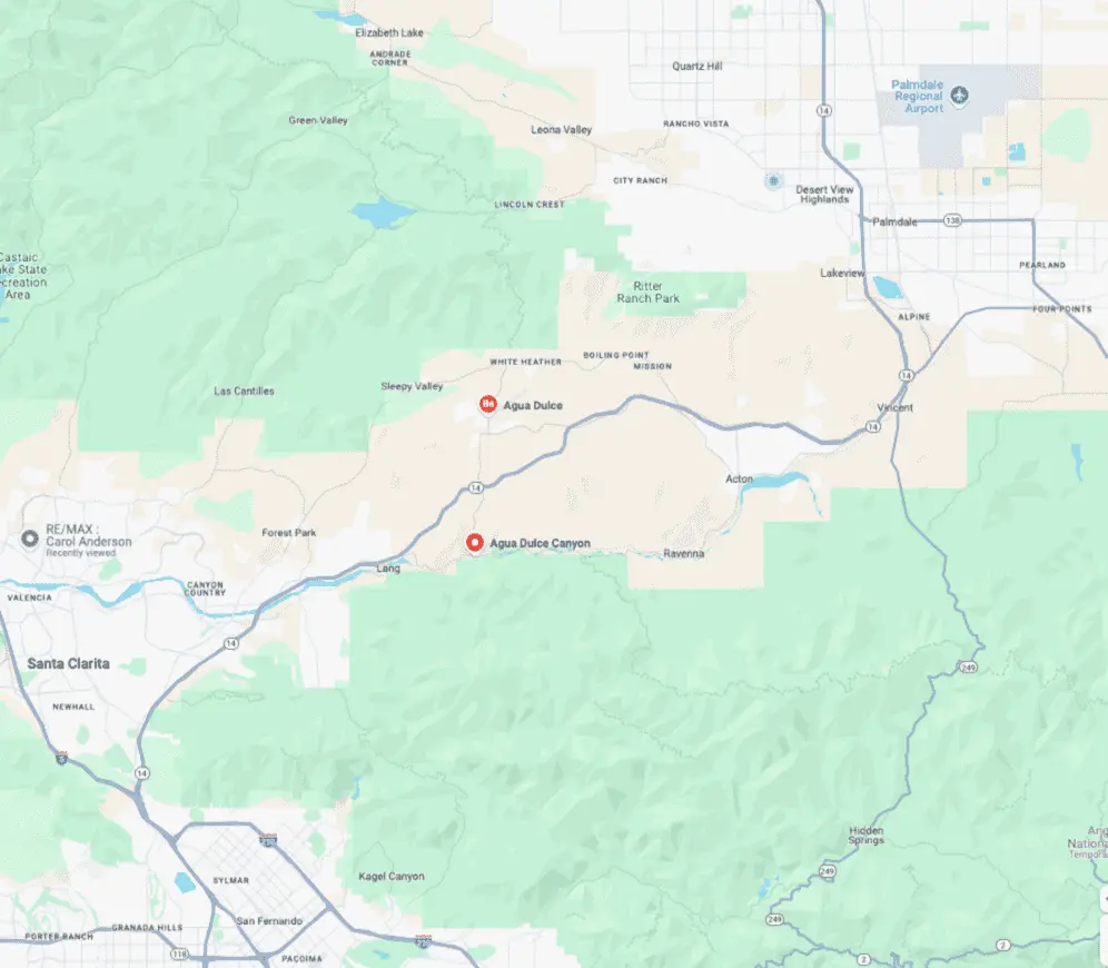 Map showing the area around Agua Dulce in California, with nearby locations like Santa Clarita, Palmdale Airport, and highways marked.