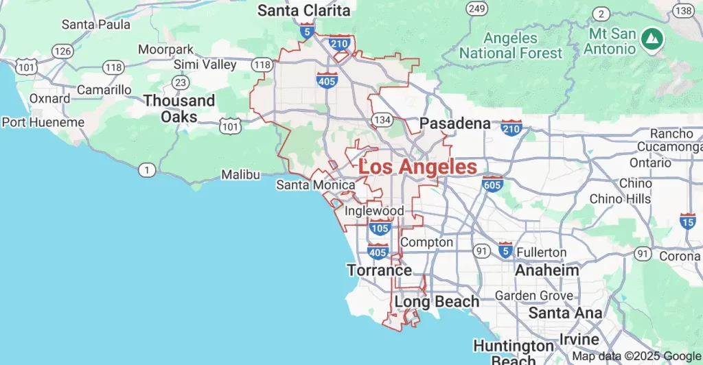 Map highlighting Los Angeles and surrounding areas including Santa Monica, Pasadena, Long Beach, and Torrance, with major highways and geographical landmarks like Angeles National Forest. Los Angeles Service area Map