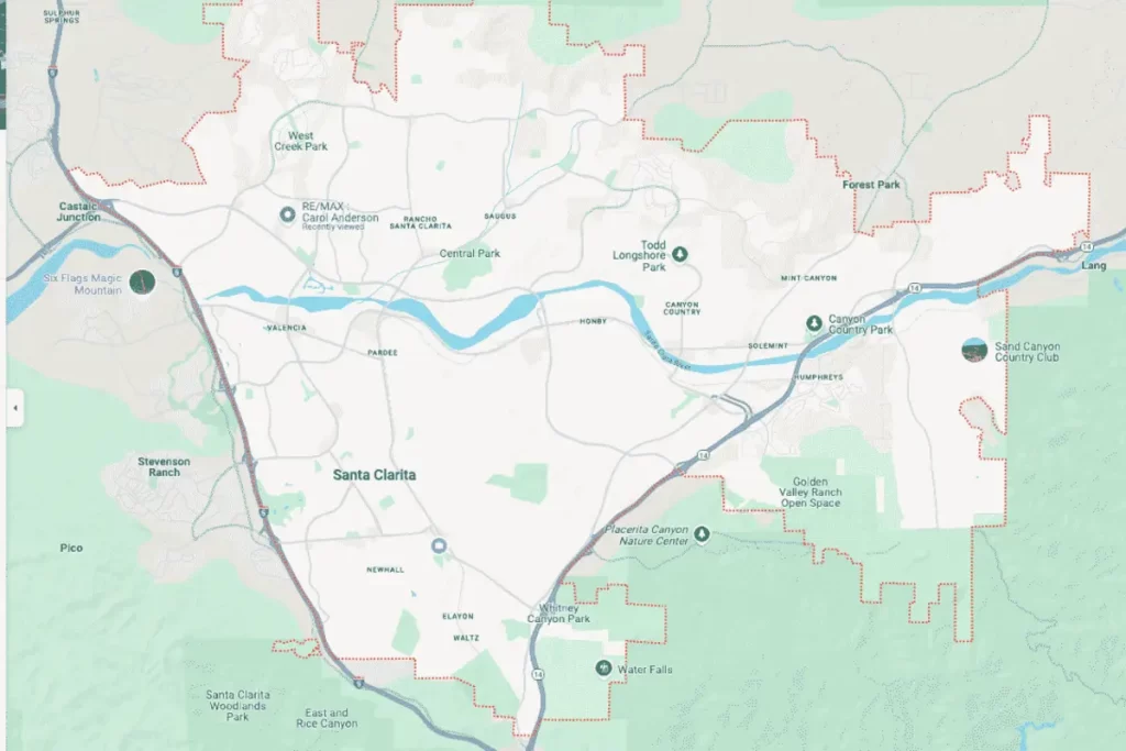 Map of Santa Clarita, California, showing major roads, parks, and the Santa Clara River. Landmarks include Central Park, Golden Valley Ranch Open Space, and Six Flags Magic Mountain.